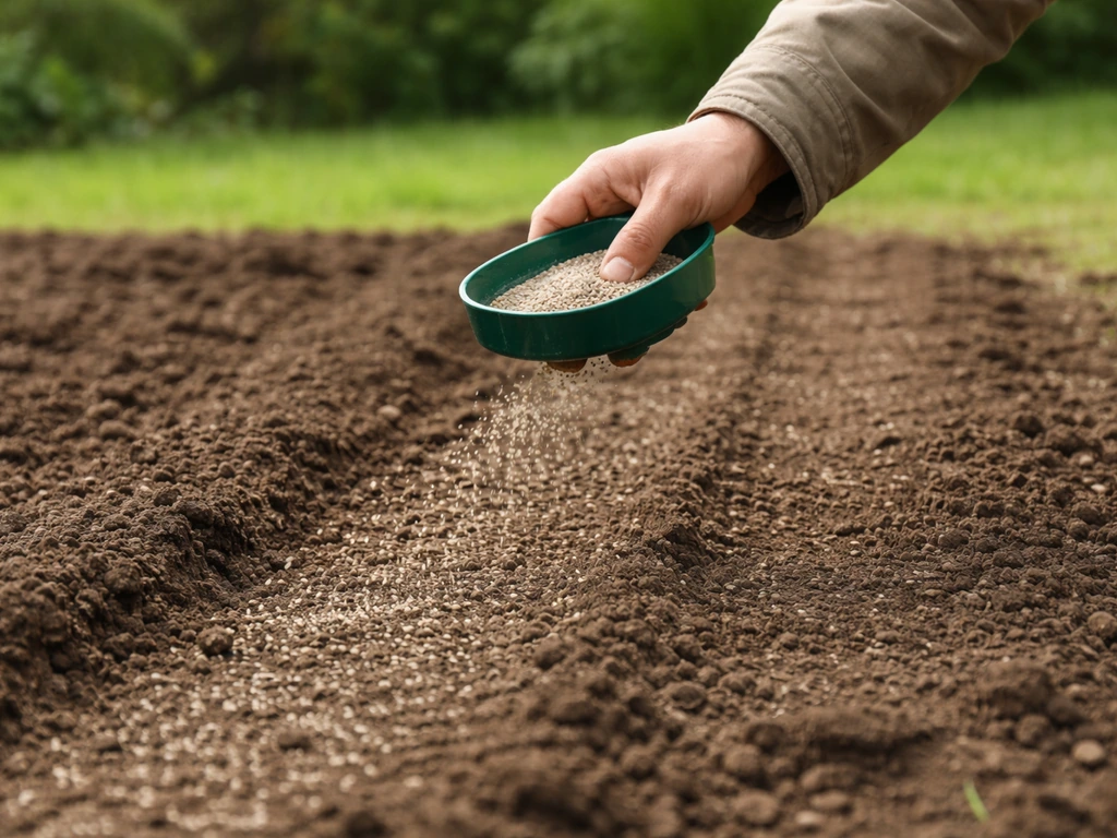 Anonieme hand strooit startmeststof/graszaadmeststof op voorbereide grond vlak voor het zaaien.