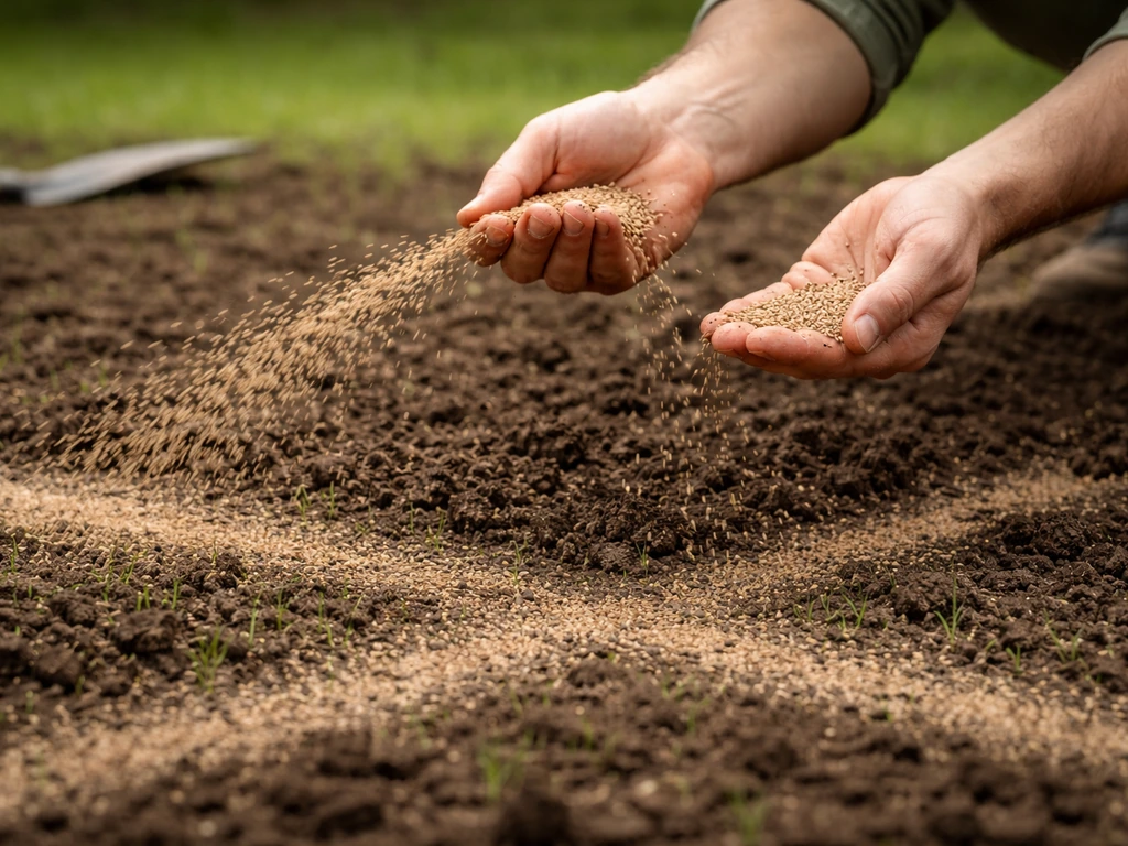 Handmatig graszaad strooien in kruislings patroon op een net voorbereid gazon