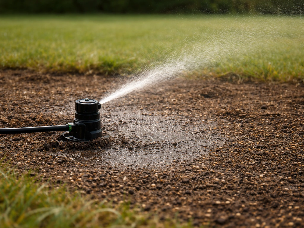 Tuinsproeier geeft water op een ingezaaide grasstrook; bovenlaag is vochtig, niet uitgedroogd.
