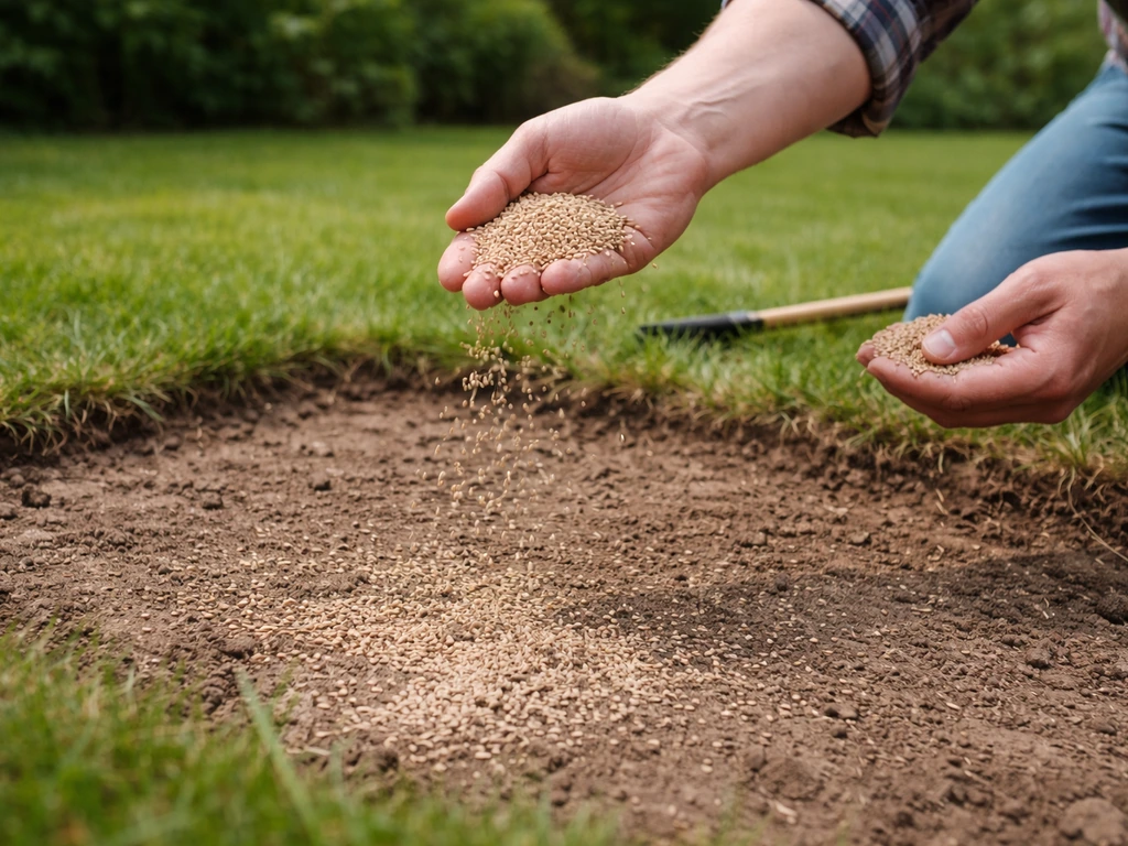 Handen die gazonzaad uitstrooien op een kale tuinplek, met zaadkorrels zichtbaar op de grond.