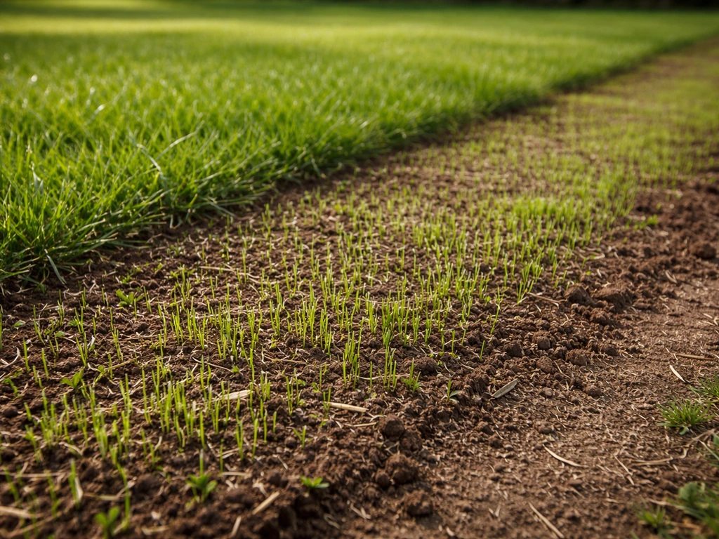 Vers opkomend gras met groene grasscheuten na bijzaaien en nog zichtbare bijgezaaide randen in een tuin.