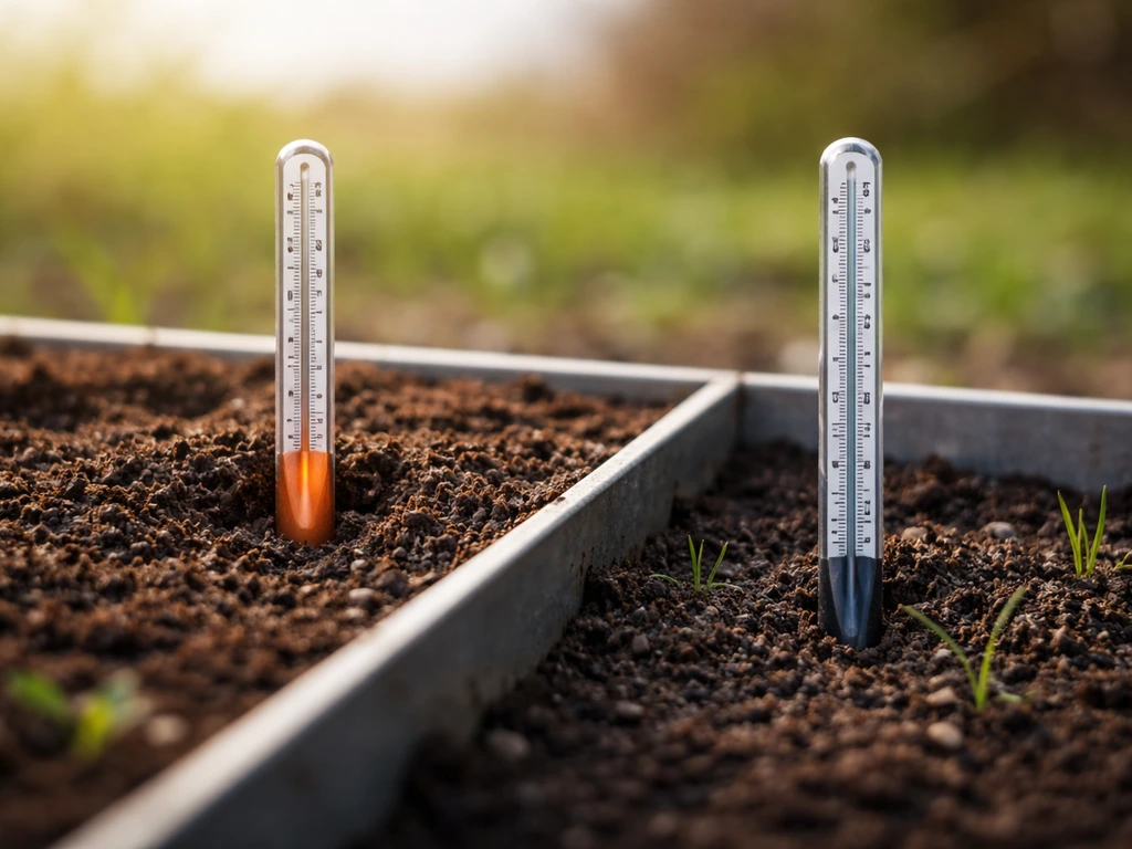 Tuinrand met gazon; close-up van twee thermometers die warmere bodem en koelere lucht tonen, zonder tekst.