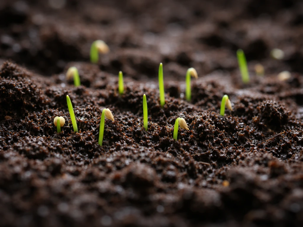 Close-up van jonge zaailingen met eerste groen sprietjes net boven de grond, zicht op vochtige aarde.