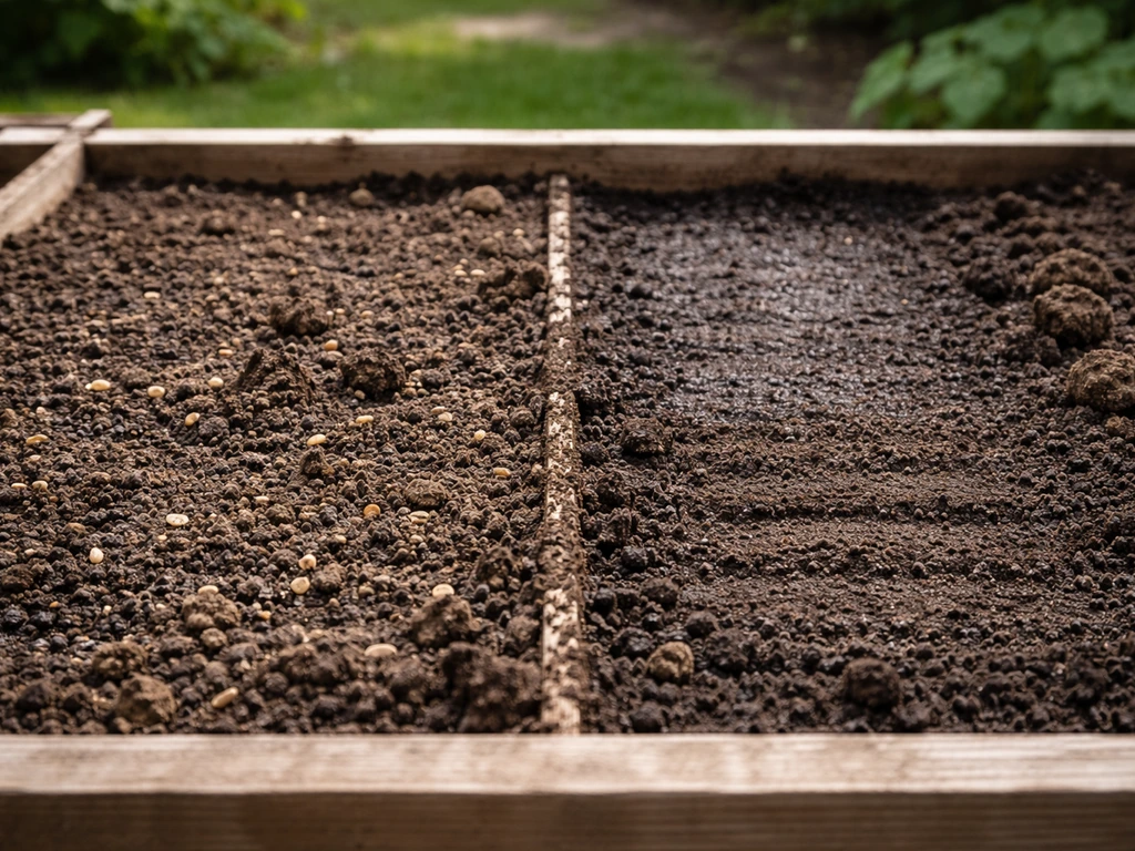 Zaaibed met ongelijk ontkiemde plekken, met duidelijke sporen van inspectie en herbevochtigen in de bodem.