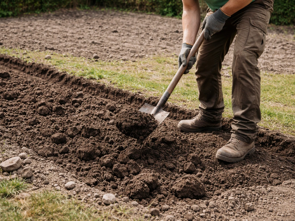 Spittende grondbewerking voor een nieuw gazon: omgewerkte aarde, stenen/wortelresten en vlakgemaakte ondergrond.
