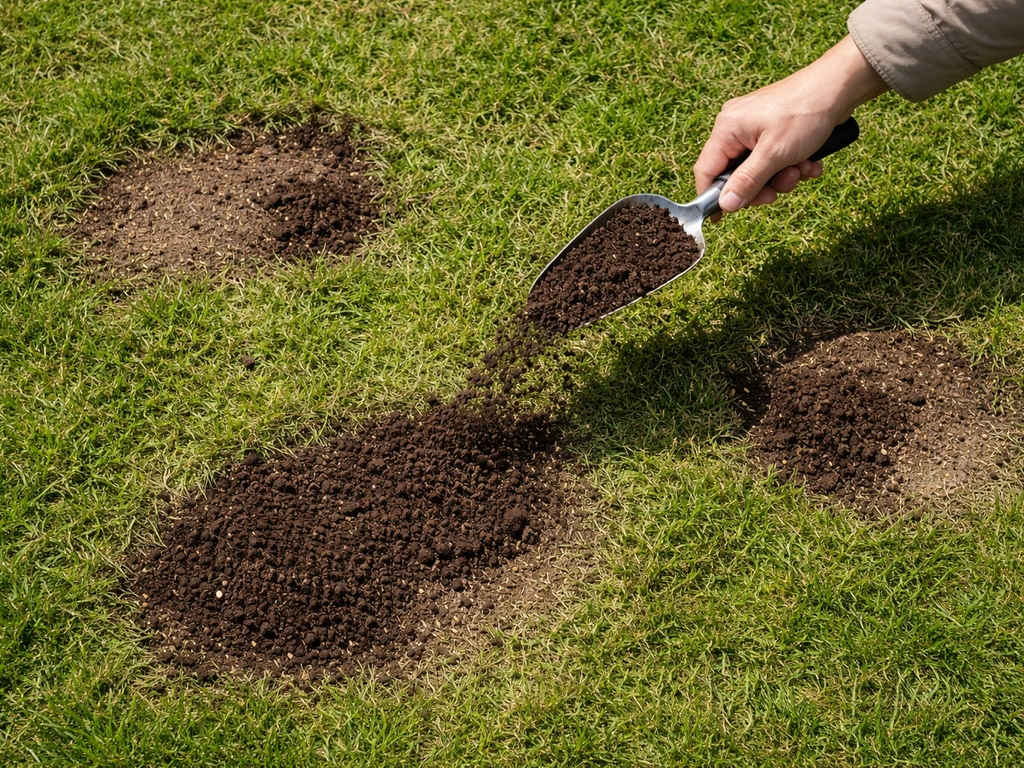 Bovenaanzicht van Nederlands gazon met kale plekken; potgrond wordt dun uitgespreid over ingezaaid graszaad