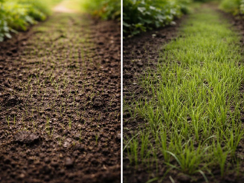 Links voorjaar: vochtige, opwarmende grond met jonge grassprieten; rechts najaar: koelere hergroei in dezelfde tuinstroo