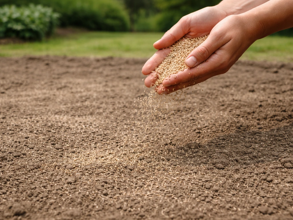Handen strooien graszaad op een afgezonderde, vlakke tuinbodem voor gelijkmatige verspreiding.