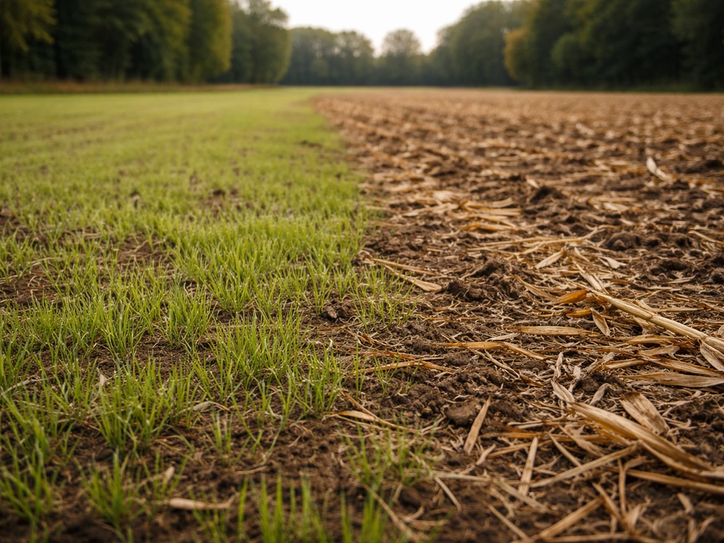 Vers opkomend gras naast zichtbare maïssporen op een ingezaaid perceel, bij natuurlijke daglichtsfeer.