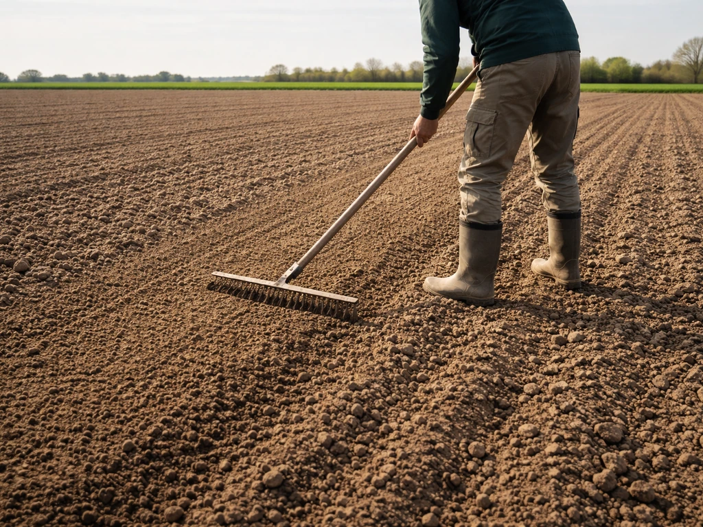 Landbouwer maakt na het frezen een fijn, vlak zaaibed met een hark op kleigrond.
