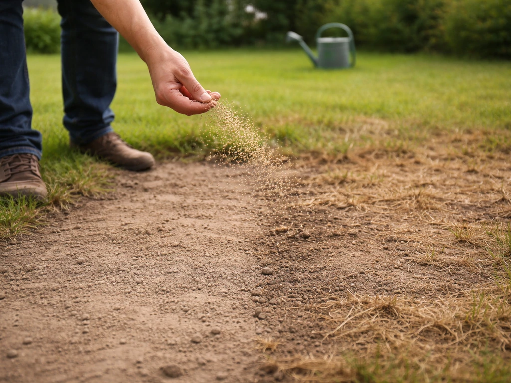 Gieterscherm en hand strooien graszaad in een droge tuin, met focus op begin vs. eind mei timing