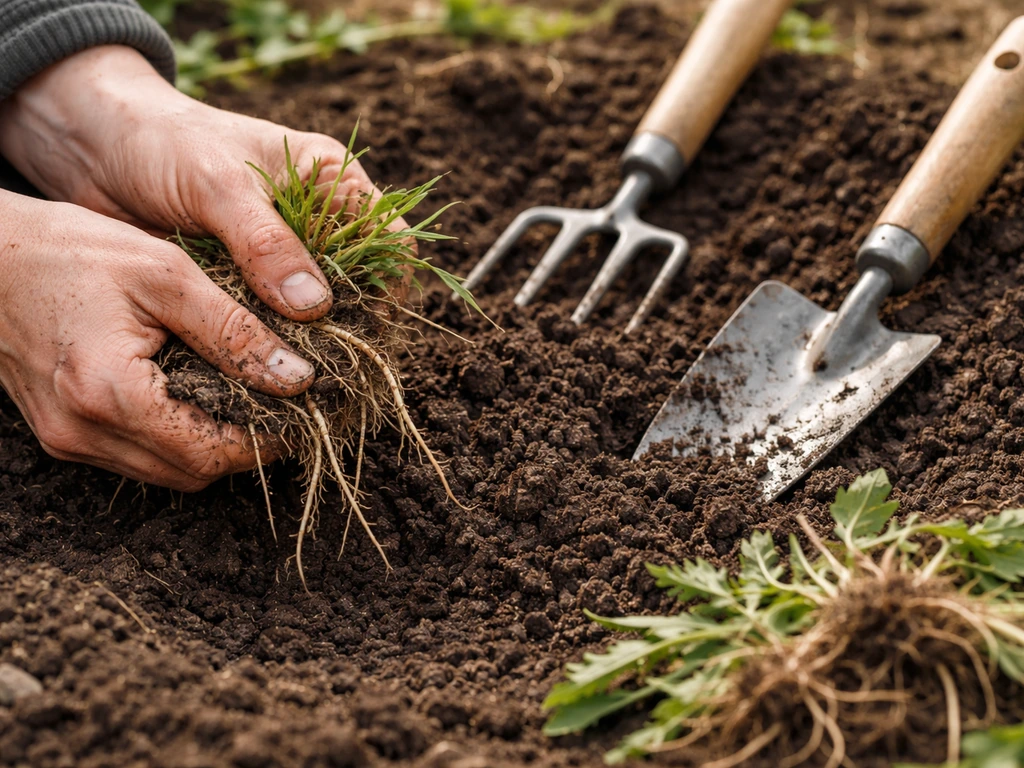 Handen halen kweekgras- en paardenbloemwortels uit en maken de grond kruimelig en egaal los.