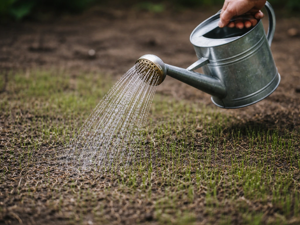 Hand met gieter geeft gericht water aan pas ingezaaid gras, fijne sproeistraal, licht vochtig in beeld.