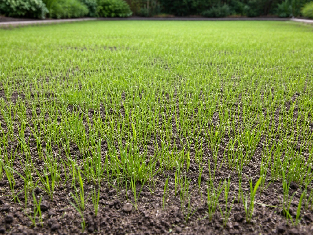 Vers ingezaaid gazon met egaal opkomende grassprieten en nauwelijks kale plekken in een rustige tuin