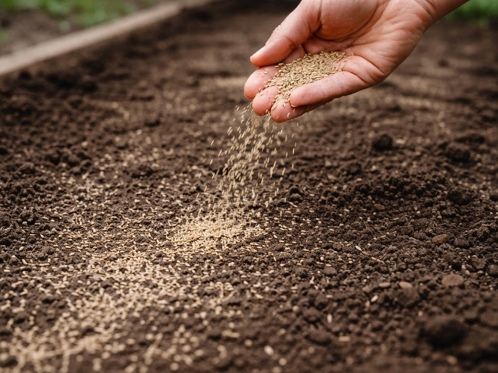 Hand die graszaad gelijkmatig strooit op kale grond, met duidelijk zicht op de verdeling.