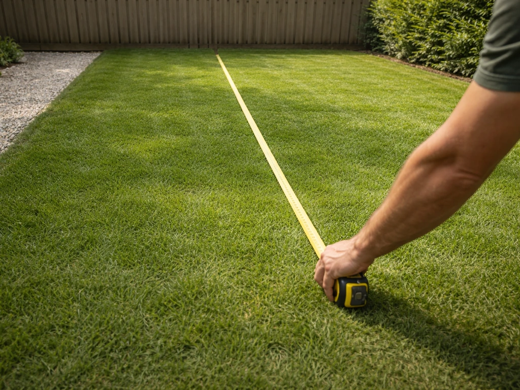 Hand houdt een rolmaat uit tegen een tuinpad; meetlint ligt op een eenvoudige, lege groenstrook
