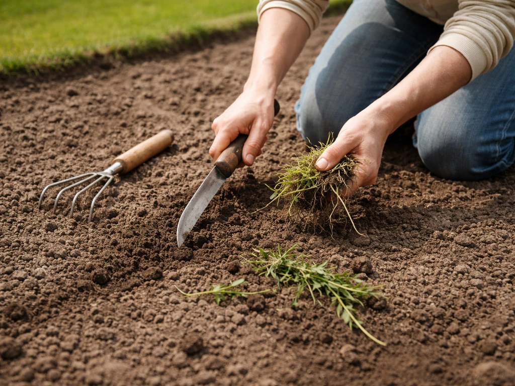 Tuinier verwijdert onkruid en maakt de aarde los voor het zaaien, met gereedschap op een kale bodem