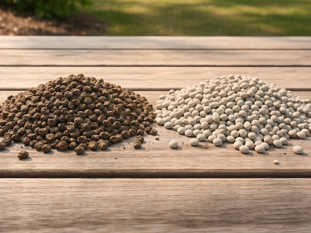 Close-up van organische gazonmestkorrels naast een tweede mestsoort op een eenvoudige tuintafel.