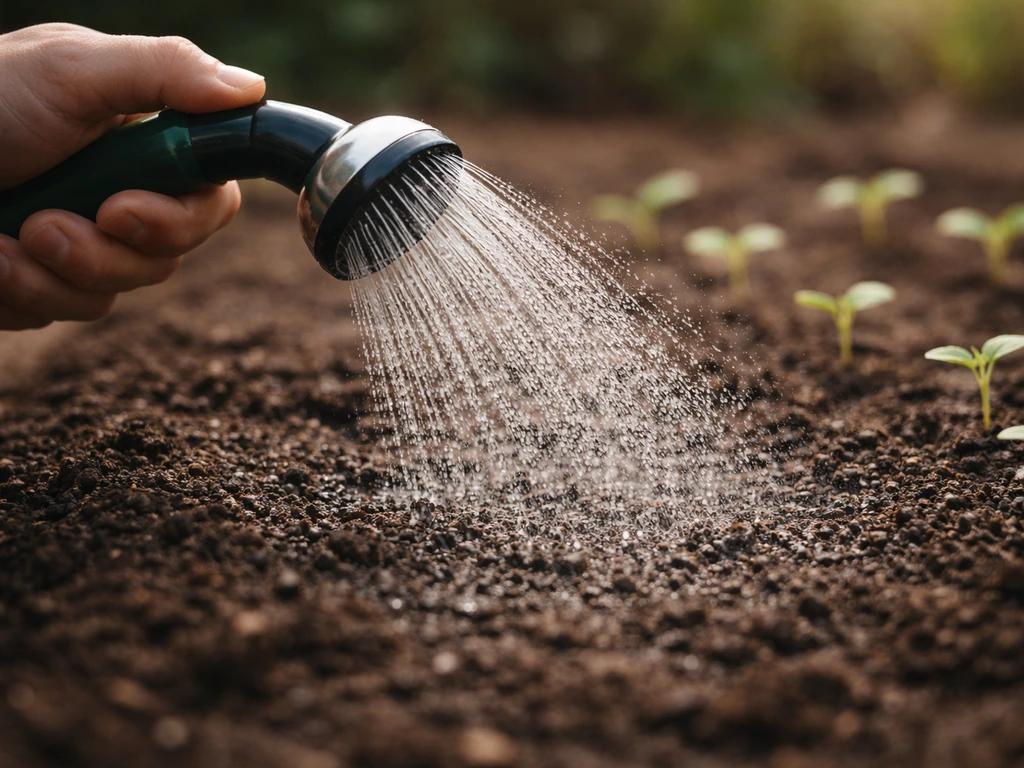 Hand geeft zacht water met handdouche; kiemplantjes en licht vochtige bovenlaag aarde in beeld.