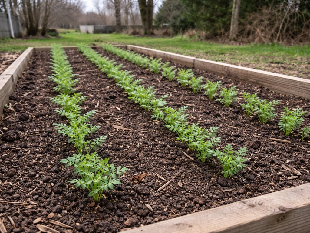 Young chickpea seedlings in an Ohio-style garden bed during spring, rows of plants in soft morning light
