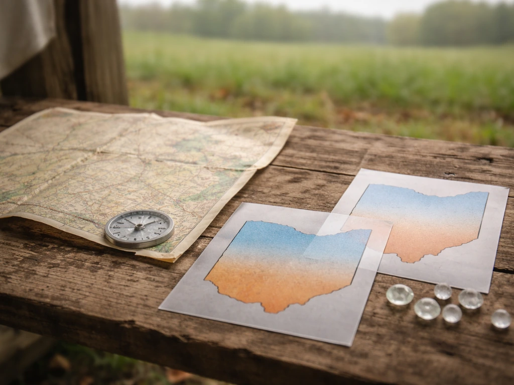 Folded map of Ohio on a table with simple overlays suggesting climate zones and frost tolerance.