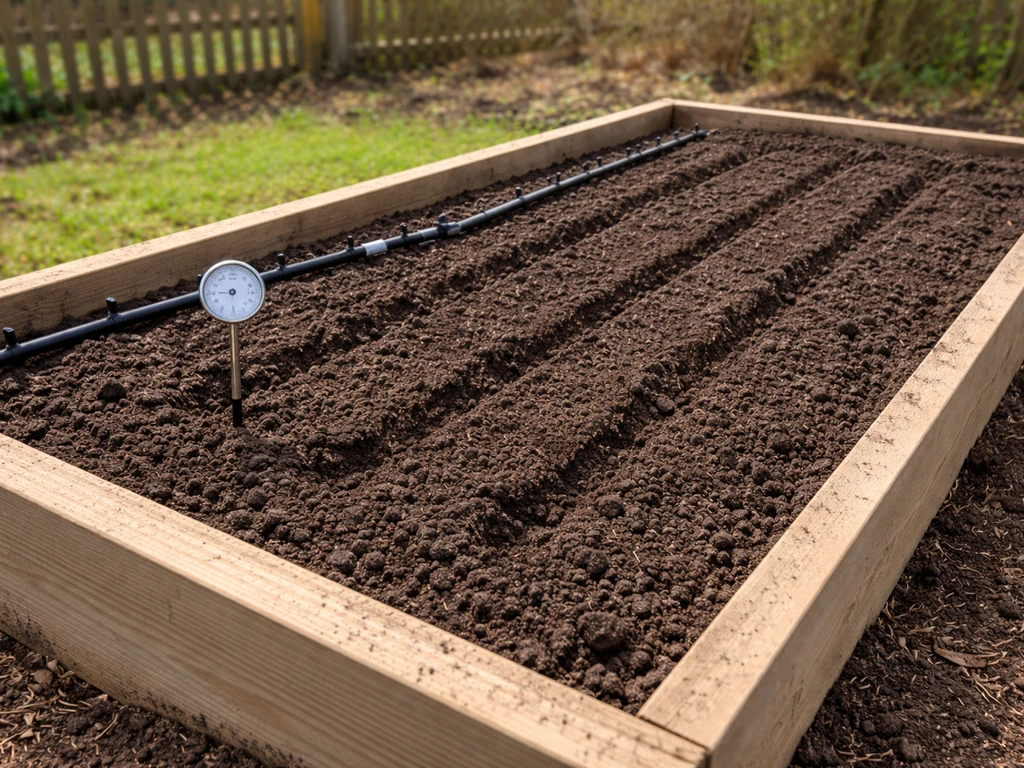 Minimal raised garden bed in Ohio with chickpea furrows, a soil thermometer, and a drip line ready for sowing.