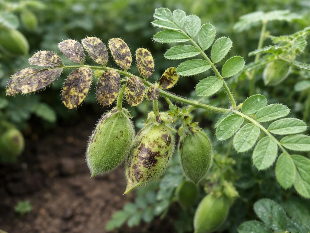 Close-up chickpea leaves and pods with visible fungal spots beside a nearby healthy-looking leaf