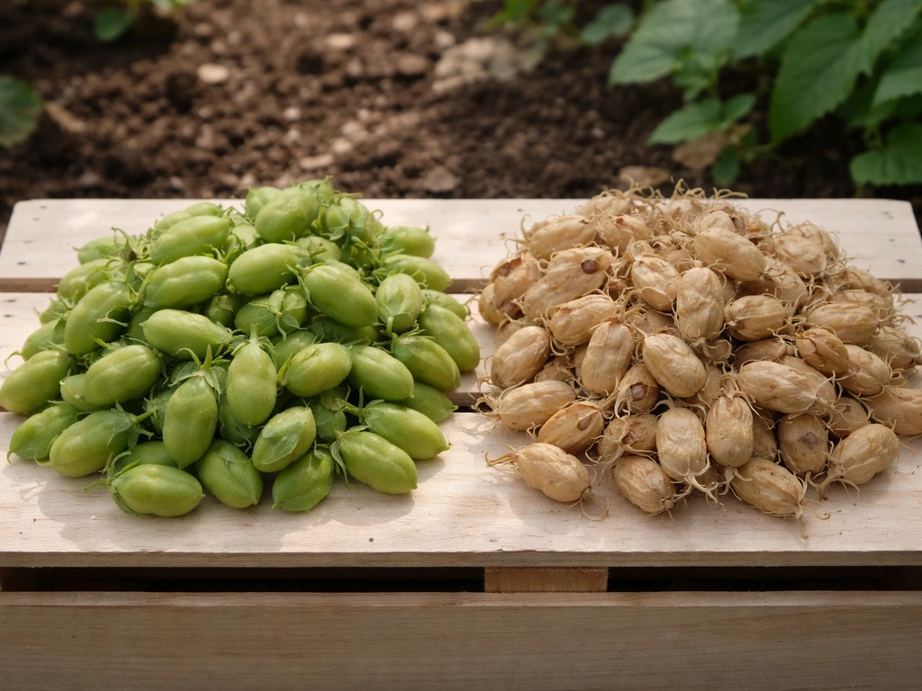 Close-up comparison of fresh green chickpea pods and dried tan chickpea pods on a wooden crate.