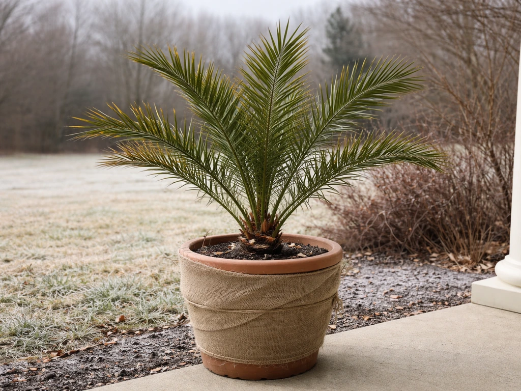Young date palm in a sheltered container beside winter groundcover in North Carolina, showing cold-season challenge