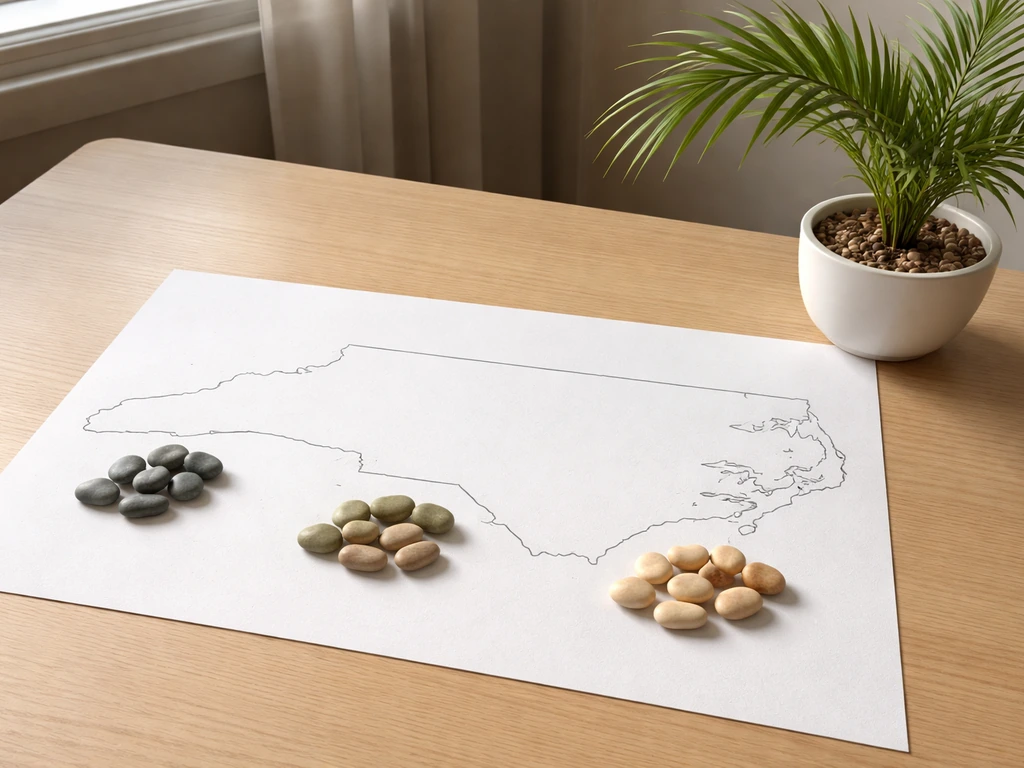 North Carolina map on a table with colored stones and a small potted date palm, natural light.