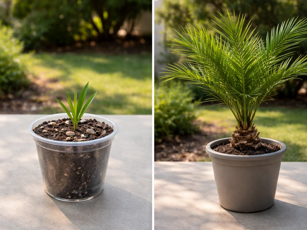 Two close-up containers side by side: date palm seedling from seed and an established container palm.