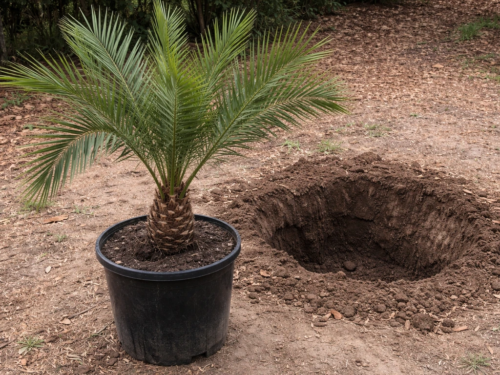 Established female date palm in a 15-gallon pot with roots visible, ready to be planted.