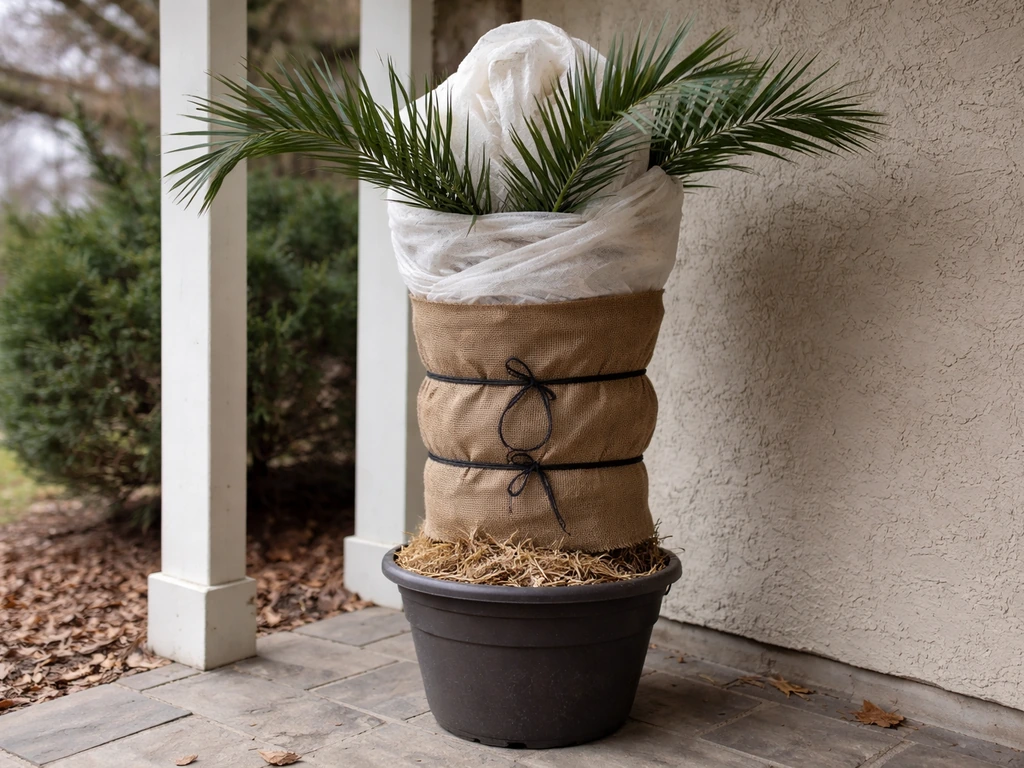 A container date palm wrapped for winter frost protection in a sheltered outdoor spot.
