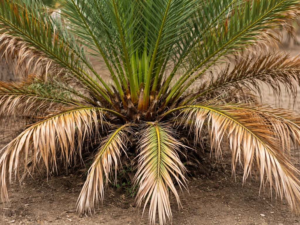 Date palm fronds with visible browning and dieback, focusing on the central growing point area