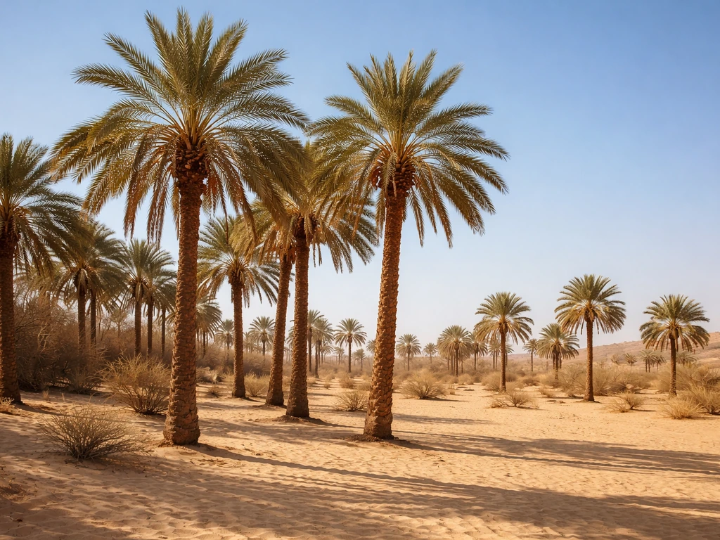 Sunlit date palms swaying in a warm desert landscape, suggesting where date cultivation thrives.