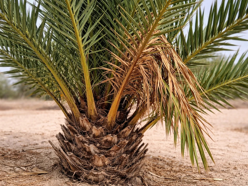 Date palm fronds near the trunk showing browned cold-damaged tips beside healthy green fronds.