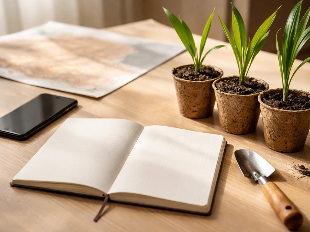 Minimal close-up of a notebook and soil map with date-palm seedlings beside a smartphone, suggesting feasibility snapsho