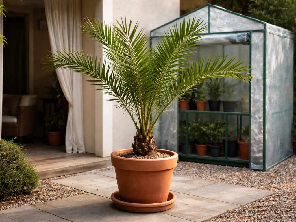 Date palm in a terracotta pot on a patio near a sheltered greenhouse area for overwintering.