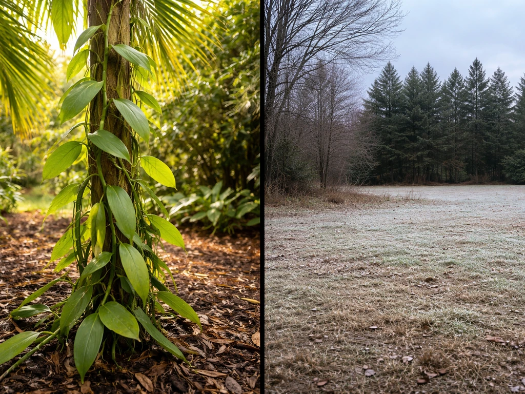 Vanilla growing outdoors in lush southern Florida garden, with a contrasting cold winter scene beyond
