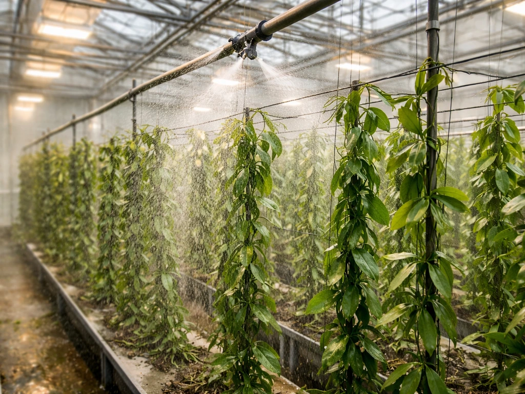 Heated greenhouse interior with misting irrigation and vanilla vines trained on trellis wires.