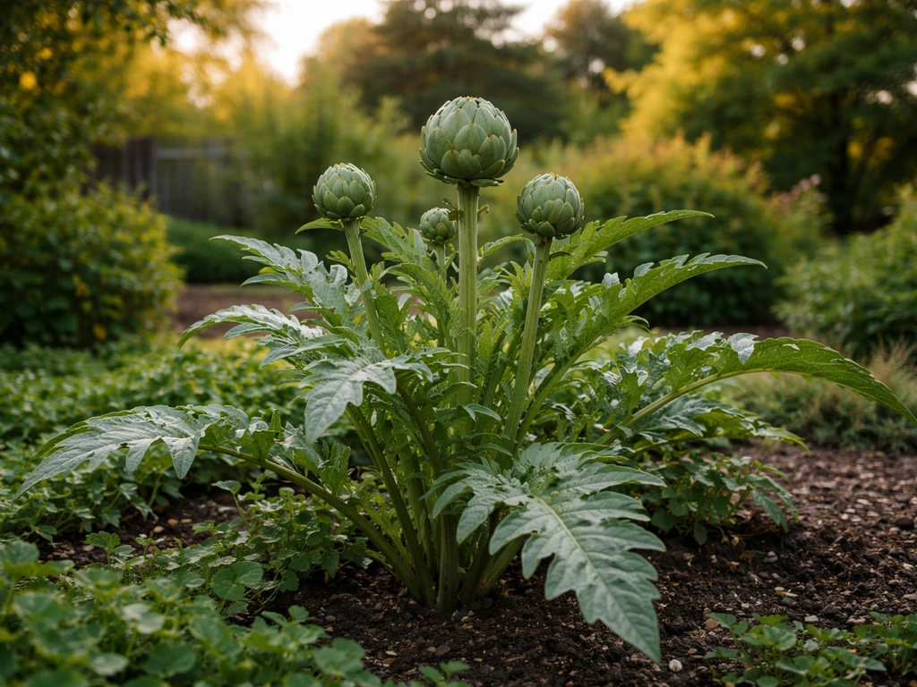 Healthy artichoke plants with emerging buds in a Michigan garden bed at late-summer sunset