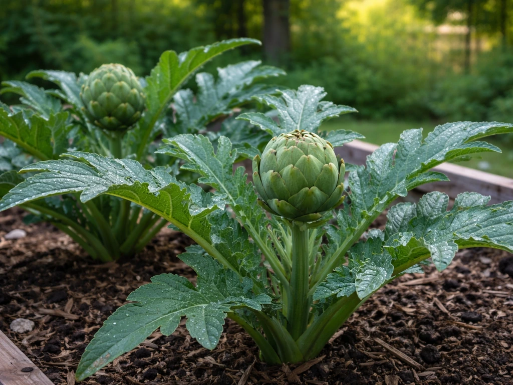 Imperial Star artichoke plants with developing buds in a sunny Michigan garden