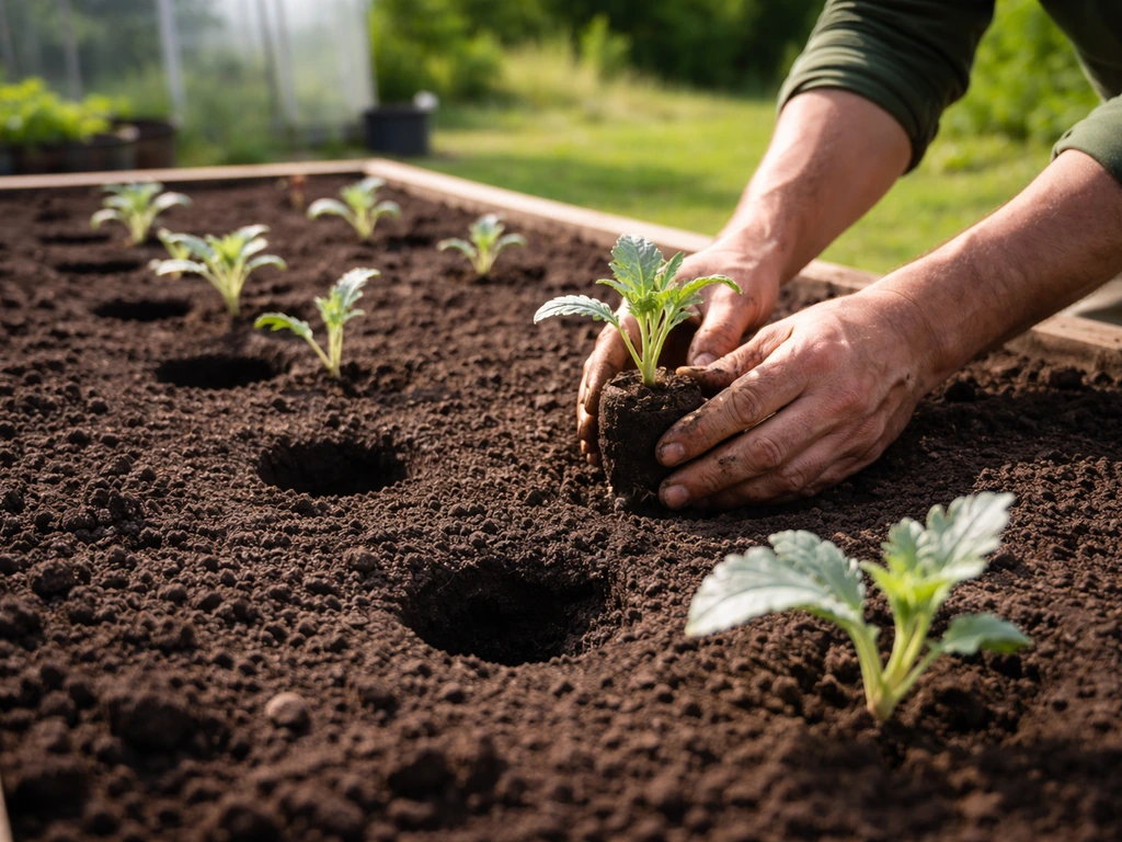 Hands transplant artichoke seedlings into a full-sun raised bed with spaced planting holes.