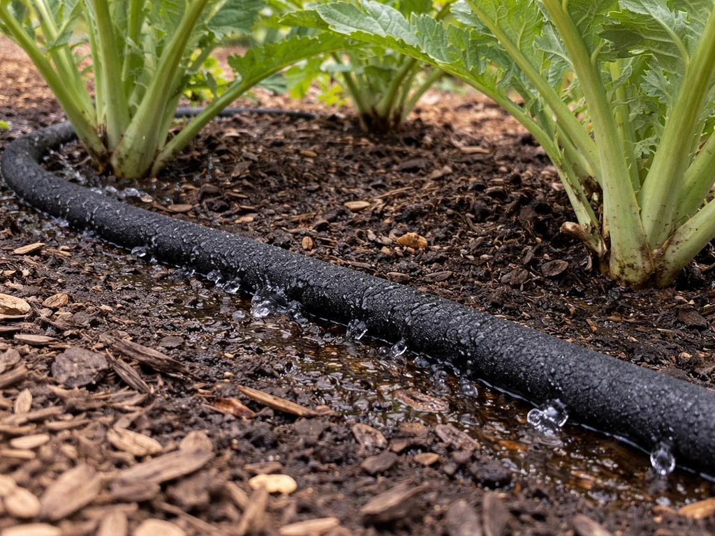 Soaker hose dripping into moist soil around artichoke plants in a clean garden bed