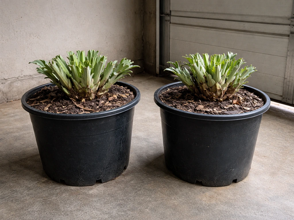 Large artichoke plants in 15–20 gallon pots inside an unheated winter garage with soft light.
