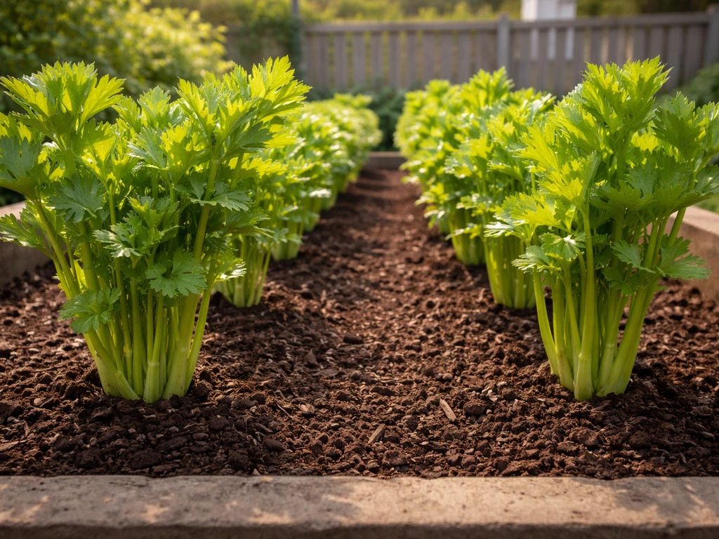 Bright green celery plants thriving in a backyard garden bed with rich soil and mulch.