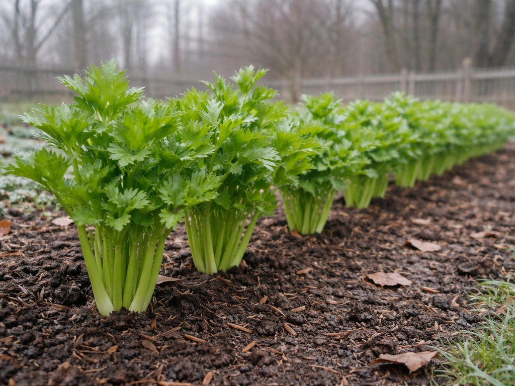 Close-up of fresh celery plants in a cool early-spring garden bed with misty background.