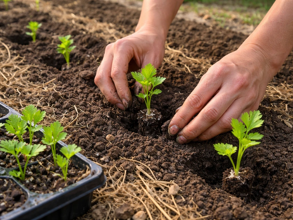 Gardening hands transplant small celery seedlings into a prepared garden row with visible spacing.
