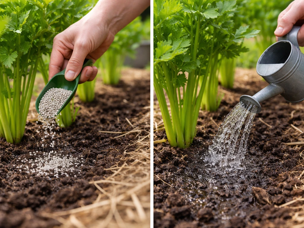 Hand sprinkling slow-release nitrogen fertilizer beside celery plants, then gentle watering in a garden bed