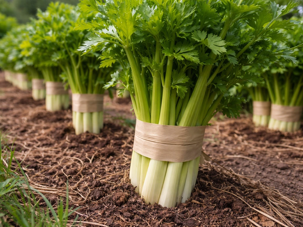 Harvest-ready celery in a garden, with pale blanched stalks and light wrap on the lower stems.